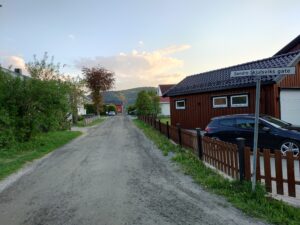 En gate med busker og hus på hver side. Et skilt tilsier at gata heter Søndre Skjulsviks gate.
