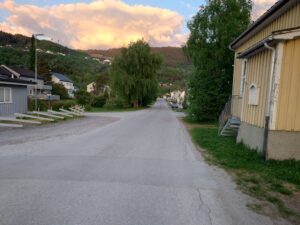 En gate med trær og hus på begge sider.